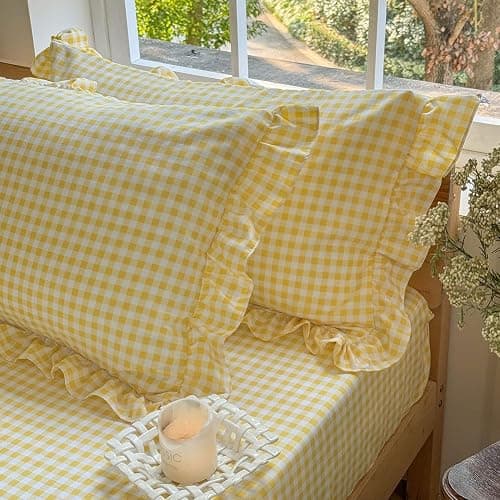 NSNLGSGC Yellow Gingham Ruffle Queen Sheet Set | Soft Pre-Washed Microfiber, Plaid, 4-Pieces, Farmhouse, Deep Pocket thumbnail 8