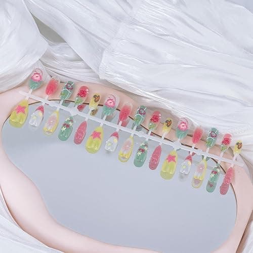 30pcs Summer Press on Nails Medium Almond Fake Nails with 3D Flower Starfish Designs Summer Beach False Nails Pearl Glue on Nails Handmade Full Cover Acrylic Nails Stick on Nails for Women thumbnail 3