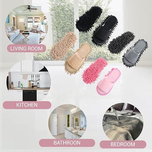 Meyeyaia 4 Pair Washable Mop Shoes,Removable Microfiber Cleaning Slippers,Mopping Slippers for Women and Men Home Office Floor Dust and Dirt Cleaning (Beige Gray Pink Black) thumbnail 6