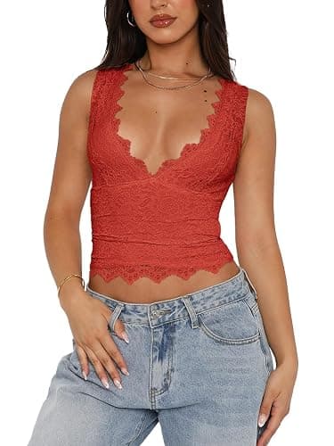 REORIA Womens Sexy V-Neck Sleeveless Double Lined Going Out Y2K Trendy Lace Cropped Tank Tops - Image 1