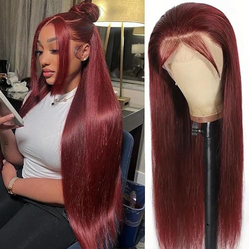 ULRICA Burgundy Human Hair Wig 99J Burgundy Lace Front Wigs Human Hair Wigs for Black Women 24 Inch 13x4 HD Lace Straight Burgundy Wig Pre Plucked Red Lace Front Wigs 180% Density thumbnail 2