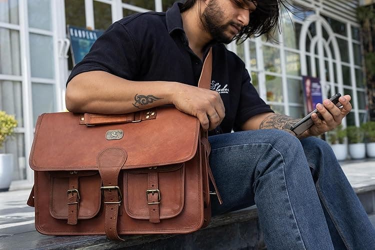 cuero Leather Messenger Bag for Men, 18 Inch Laptop Bag, Crossbody Bag Men, Vintage Handmade Leather Satchel Bag Men, Full Grain Business Briefcase Shoulder Bag for Office/Work/Travel - Dark Brown - 18 inch Large thumbnail 5