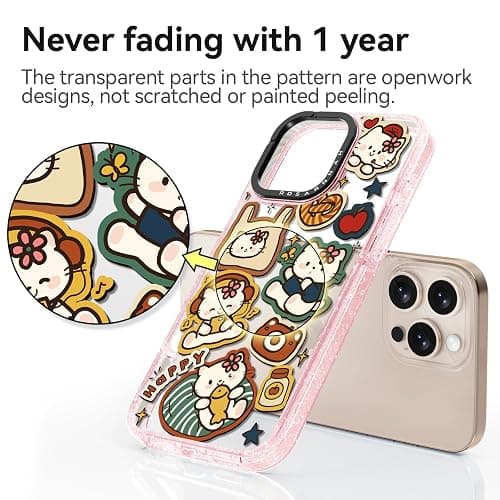 Rosarnnah Compatible for iPhone 16 Pro Max Case Cute - Durable Shockproof 6.6 ft Drop Impact Phone Case - Glitter Pink Funny Happy Kitty Design for iPhone 16 Pro Max 6.9" thumbnail 5