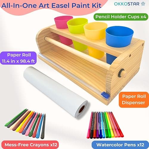 Wooden Tabletop Paper Roll Dispenser with Safety Sliding Cutter - Kids Art Easel with Roll of Paper (11.4”x 98.4ft)- Pencil Cups and Drawing Kit 30 Piece Set (Safety Sliding Cutter) thumbnail 7