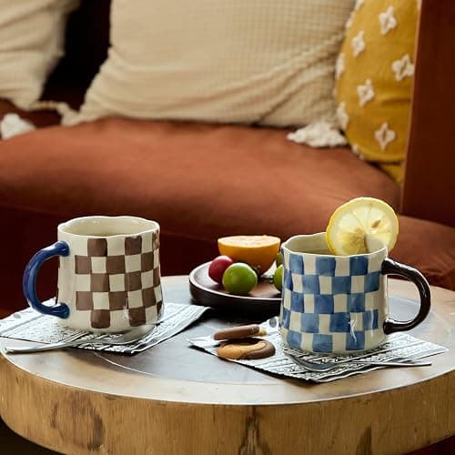 Hand-Painted Ceramic Coffee Mugs Set of 4 – 16oz Large Capacity Artistic Tea Cups with Checkerboard & Striped Patterns, Microwave & Dishwasher Safe for Home, Office, Kitchen (Summer Vibes Collection) thumbnail 3