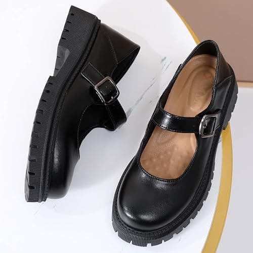 XMM Mary Jane Shoes Platform Chunky Mary Janes for Women Ladies Comfort Leather Round Toe Non-Slip Dressy Casual Cute Girls School Work Shoes thumbnail 3