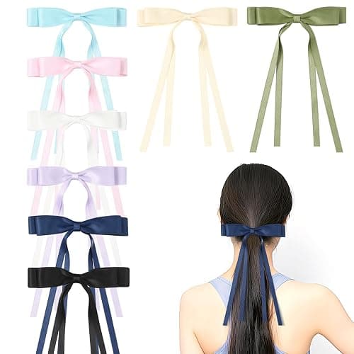 WORTL 10 PCS Satin Hair Accessories: Double Hair Ribbon Ponytail Holders, Metal Hair Clips and Bows for Women and Girls in Black and White thumbnail 4