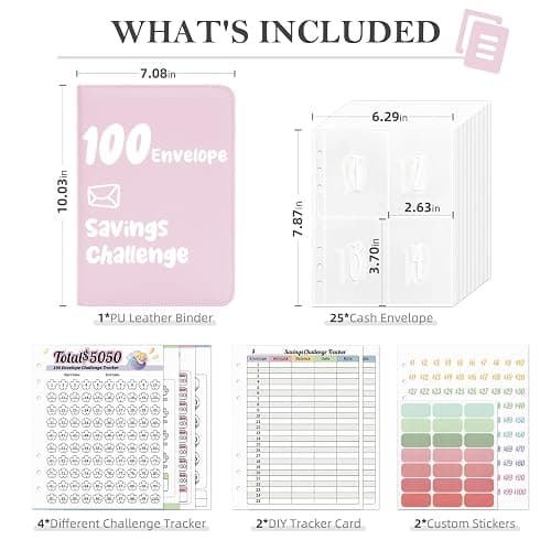 Ospelelf 100 Envelopes Money Saving Challenge Book Zipper Closure Leather 52 Weeks Savings Challenges Budget Planner Binder to Save $10000 $5050 Pink thumbnail 3