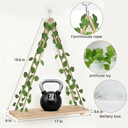 RICHER HOUSE Macrame Floating Shelves for Wall No Drilling, Boho Hanging Shelf with Artificial Ivy and LED Lights, Plant Wall Decor for Living Room Bedroom Dorm thumbnail 2