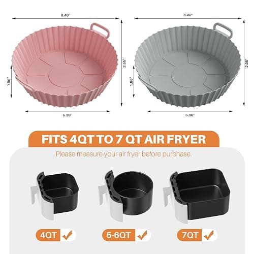 ME.FAN Air Fryer Silicone Liners for 4 to 7 QT [2 Pack] Reusable Air Fryer Basket with Handles & Holes Rose Pink + Light Grey thumbnail 2