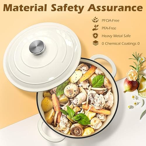 Enameled Cast Iron Dutch Oven - Umite Chef 5QT Pot with Lid & Cotton Potholders - Heavy-Duty Cookware for Bread Baking, Braising, Stews, Roasting(Cream White) thumbnail 6