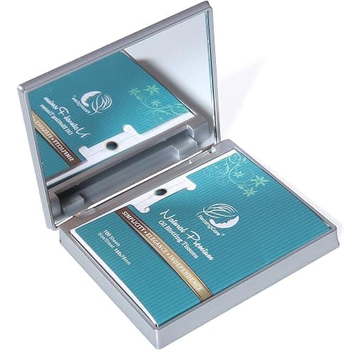 Makeup Mirror with Facial Oil Blotting Paper Sheets - Bamboo Charcoal 100 Counts, Silver Compact Folding Cosmetic Travel Mirror - Image 1