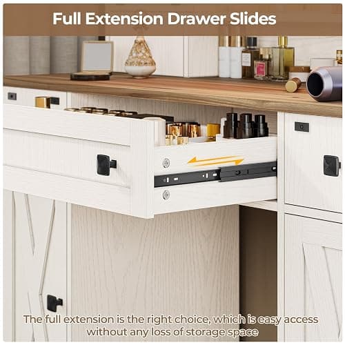 Hasuit Farmhouse Vanity Desk with Mirror and Lights, White Makeup Dressing Table with Charging Station, Rustic Vanity Mirror with Sliding Barn Door, Vanity Table with 3 Lighting Modes Adjustable thumbnail 8
