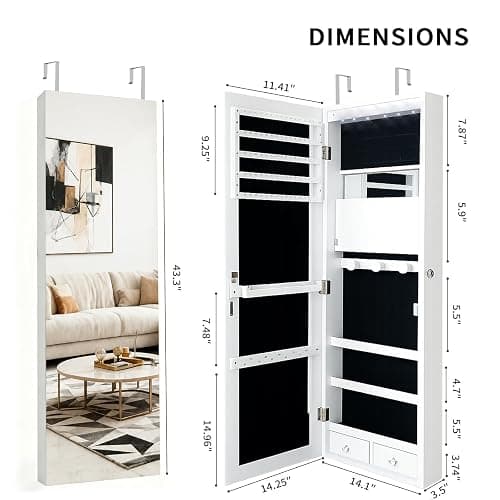 AnSafity Lockable Jewelry Cabinet Organizer with Full Length Mirror, 6 Auto LED Lights, Wall & Over Door Mount Jewelry Armoire with Earring Slots, Necklace Hooks, Foldable Makeup Shelf thumbnail 3
