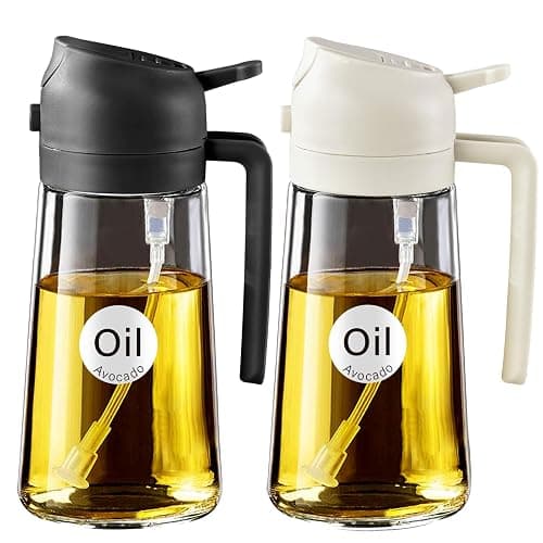 YARRAMATE 2Pcs 16oz/470ml 2 in 1 Oil Sprayer for Cooking with Stickers, Food-grade Glass Oil Spray Bottle, Oil Dispenser and Oil Sprayer for Kitchen, Salad, Frying, BBQ (White &Black) - Image 1
