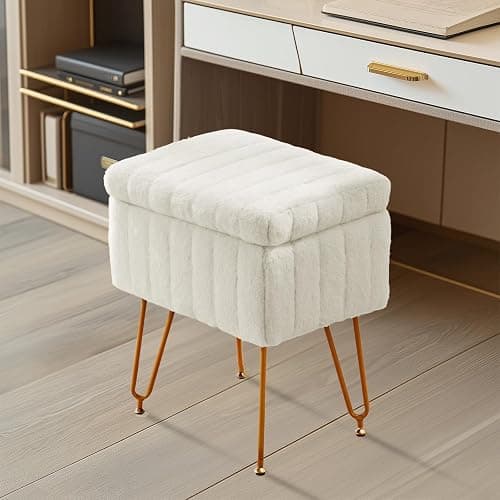 Sweetcrispy Vanity Stool Chair with Storage, Ottoman Faux Fur Soft Padded Makeup Footstools Seat with 4 Metal Legs Anti-Slip Adjustable Feet Modern Cute Small Footrest for Home Entryway Bedroom White thumbnail 10