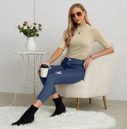 PrinStory Womens Tops Mock Neck Short Sleeve T Shirts Dressy Casual Ribbed Knit Slim Fit Summer Business Going Out Tops 2026 thumbnail 3
