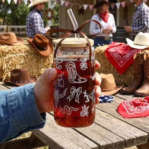 Celebloom Western Gifts for Women, Cute Glass Cup for Western Cowgirl Stuff | Iced Coffee Tumbler Glass Cup with Lid Straw for Country Girl Gift Thanksgiving Christmas Birthday Mothers Day Friend 16oz thumbnail 4