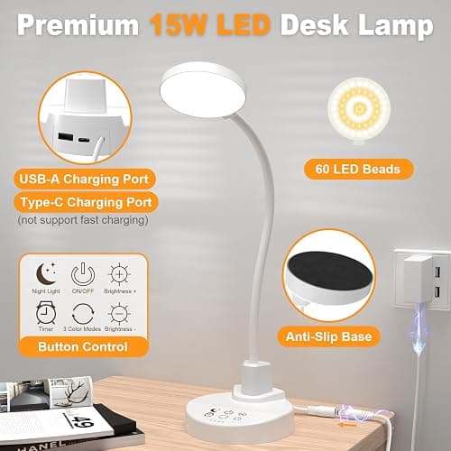 60 LED Desk Lamp with USB Charging Ports – Dimmable Table Lamp with 3 Color Temps, 5 Brightness, 4 Timers, 15W Flexible Gooseneck Light with Base, Eye-Caring Reading Light for Home Office, Bedroom thumbnail 8