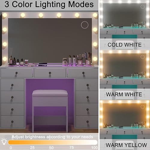 CollaredEagle Makeup Vanity Desk with RGB Lights, 47.2'' Mirror, 11 Drawers | RGB Lights, 47.2'' Mirror, 11 Drawers, 3 Light Colors, 5 Brightness Levels, Charging Station, White thumbnail 4
