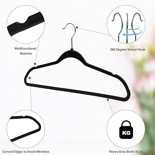 Quality Hangers 50 Pack Plastic Hangers for Clothes - Slim Non-Velvet Hangers with 360° Swivel Chrome Hook & Non Slip Notches - Ideal for Dresses Coats Shirts Jackets & More - Black thumbnail 4