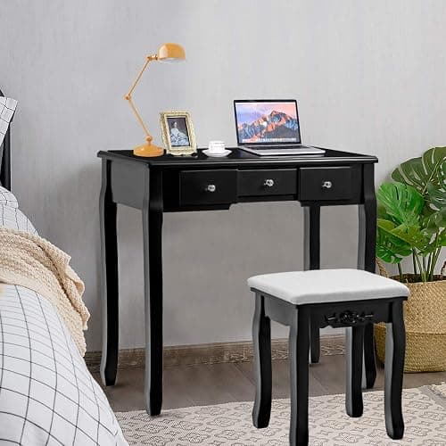 Giantex Vanity Set with Oval Mirror & Cushioned Stool, Makeup Dressing Table Large Storage with 5 Drawers, Mirrored Bedroom Vanities Makeup Table for Kids Girls Women, Easy Assembly (Black) thumbnail 4