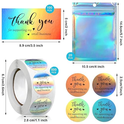 Outus 620 Pieces Thank Cards and Stickers Set Thank Gold Foil Stickers for Supporting My Small Business with Resealable Packaging Bag, Suitable for Business Owners (Holographic) thumbnail 3