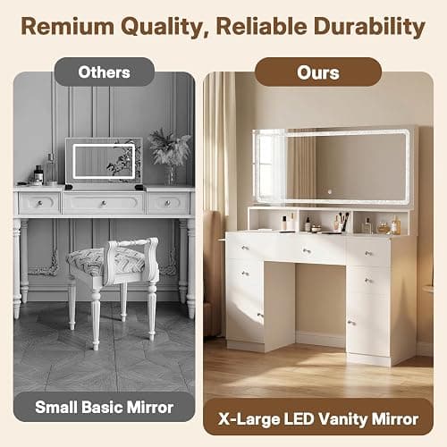 ZIMASYA 45" Large Makeup Vanitys with Mirror & Lights,Big Vanity Desk with 2 Side Shelves & Adjustable Brightness 3 Color Crystal Sparkle LED,Charging Station,26 Storage Areas for Girls Women White thumbnail 4