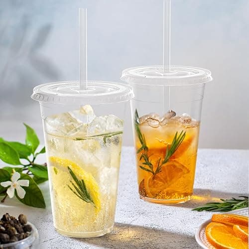 Dealusy 100 Pack - 20 oz Clear Plastic Cups with Lids and Straws, Sturdy & Food Safe Iced Coffee Cups with lids, Disposable Plastic Smoothie Cups for Cold Drinks thumbnail 2