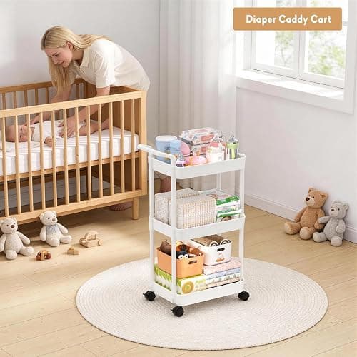 Volnamal Diaper Caddy, 3 Tier Rolling Cart for Baby Essentials, Off-White | Movable & Easy Assemble Cart for Newborn Nursery Essentials, Diaper Storage Organizer for Changing Table&Crib, Baby Registry thumbnail 2