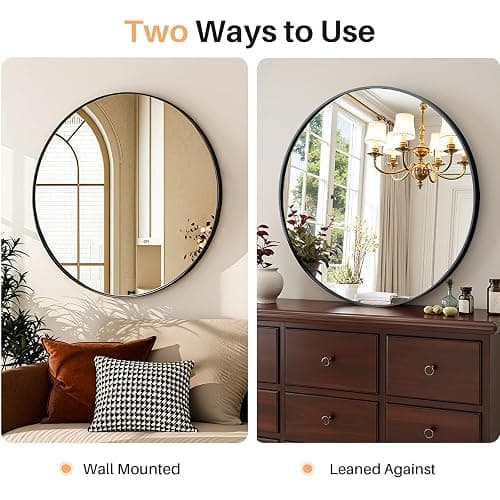 Atilioo Bathroom Mirror for Wall, 24 Inch Round Mirror, Matte Black Metal Framed Circle Vanity Mirror for Bathroom Bedroom Living Room Entryway, Anti-Rust, Tempered Glass, Hanging or Leaning thumbnail 5