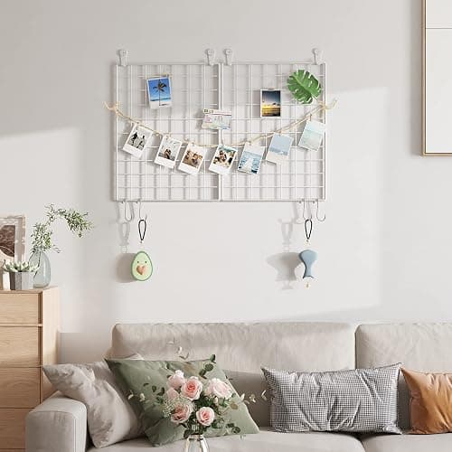 C&AHOME Photo Wall Display Set of 2, Grid Panel with Hooks, Clips, Hemp Cord, Hammer - 15.7" x 11.8", White UWWGM3402W thumbnail 5