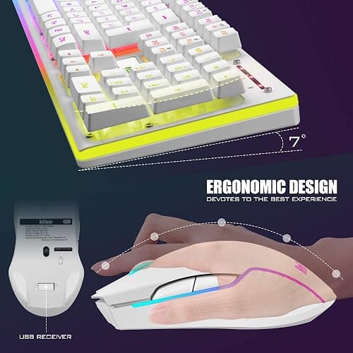 RedThunder K10 Wireless Gaming Keyboard and Mouse Combo, LED Backlit Rechargeable 3800mAh Battery, Mechanical Feel Anti-ghosting Keyboard + 7D 3200DPI Mice for PC Gamer (White) thumbnail 6