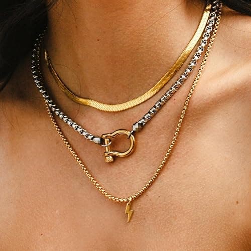 SIXAOAZZ 18K Gold Plated Buckle Necklace with Heavy Screw Anchor Shackle Wheat Chain Two Tone Carabiner 17.7 Inch Stainless Steel Foxtail Chain thumbnail 3