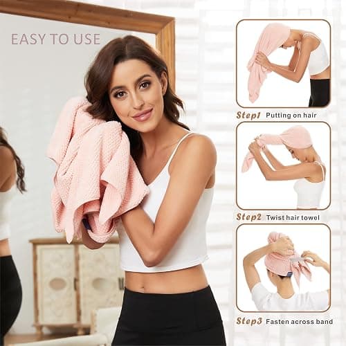 BYCOO Microfiber Hair Towel Wrap for Women, Anti Frizz Large Ultra-Soft Hands-Free Hair Dry Towels, Fast Drying | Super Absorbent | Quick Dry Hair Turban for Wet, Curly, Long & Thick Hair - Pink thumbnail 6
