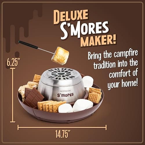 Nostalgia Indoor Electric Stainless Steel S'Mores Maker with 4 Lazy Susan Compartment Trays for Graham Crackers, Chocolate, Marshmallows and 4 Roasting Forks, Brown thumbnail 3