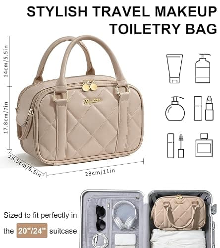 Bagstellar Travel Makeup Bag, Large Capacity Quilted Toiletry Bag for Women Stand-up Cosmetic Bag Open Flat Make Up Case Organizer Portable Pouch Purse w/Handle for Traveling Accessories, Camel thumbnail 3