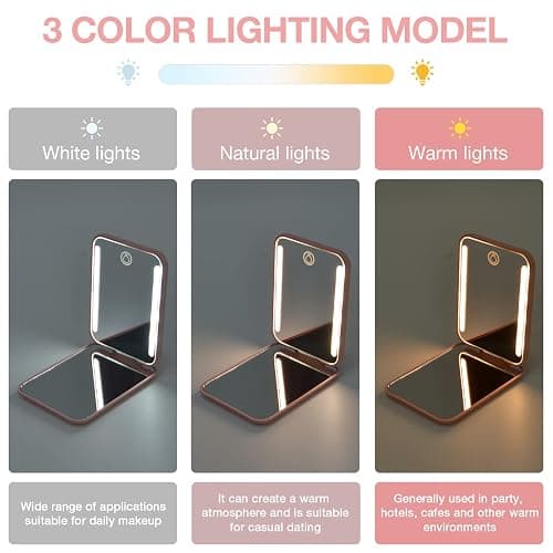 Kintion Rechargeable Pocket Mirror, Double Sided 1X/3X Magnification Compact Vanity Mirror, 3 Color Lights, Dimmable, Small Portable Wallet Mirror, Lighted Travel Mirror for Women Gifts, Pink thumbnail 6