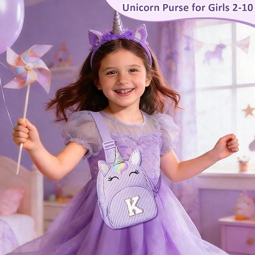 COSHAYSOO Purple Purse for Little Girls 3-5 4-6 6-8 8-10 Unicorn Birthday Party Easter Gifts for Kids Flower Girl Dance Recital Performance Travel Trip Favors Initial Letter K thumbnail 6