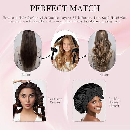Hroevc No Heat Overnight Curls with Double Layer Satin Bonnet - Soft Hair Curlers to Sleep In, heatless Curling Rods Set + Silk Bonnet for Women & Girls Long Hair, Heatless Waves & Volume (Black) thumbnail 4