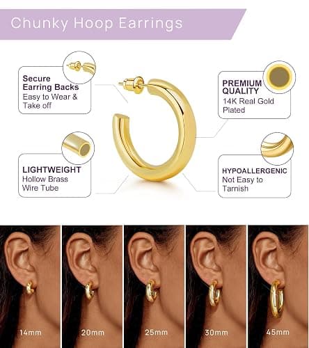 wowshow Gold Hoop Earrings, 14K Gold Plated Chunky Small Hoop Earrings for Women Lightweight Jewelry Gifts 14/20/30/35/45MM thumbnail 4
