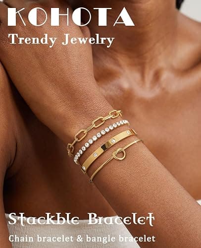 KOHOTA Chunky Gold Bracelets for Women Non Tarnish 14K Gold Plated Cuff Bracelet Stack Trendy Love Bangle Bracelets Stackable Tennis Bracelet Set Tie Knot Cuban Paperclip Figaro Chain Jewelry Gifts thumbnail 2