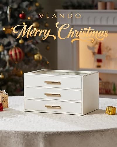 Vlando Jewelry Box for Women, Glass Lid Jewelry Organizer with 3 Drawers for Necklaces Rings Earrings Bracelets Mother Day Gift for Mom - Cloud White thumbnail 4