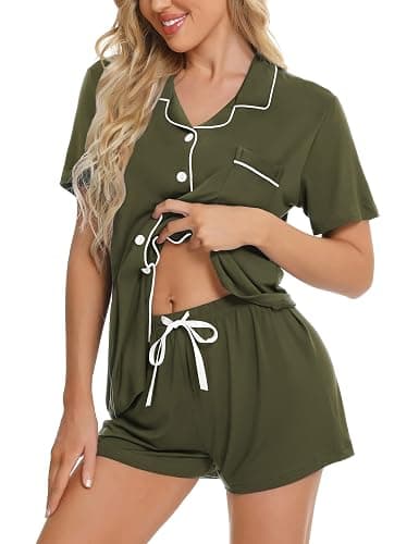 SWOMOG Womens Pajamas Set Button Down Soft Short Sleeve Sleepwear Loungewear 2 Pcs Pjs Shorts Set XS-XXL - Image 1