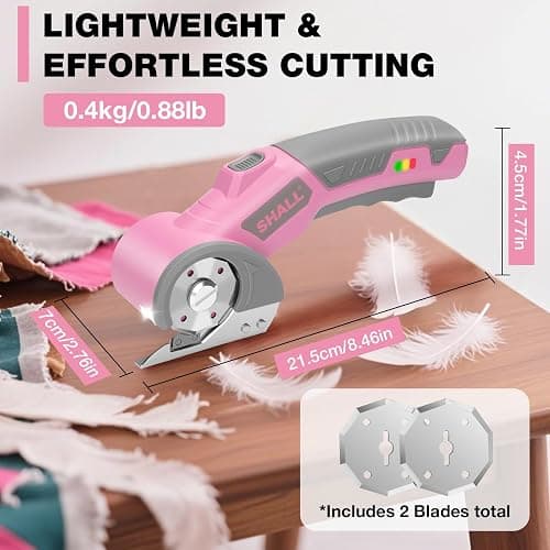 SHALL 4V Cordless Electric Scissors, Rechargeable Cardboard Cutter, Rotary Electric Box Cutter w/Safety Lock, LED Light & Replacement Blade for Fabric, Leather, Carpet, Cardboard & Plastic, Pink/Grey thumbnail 4