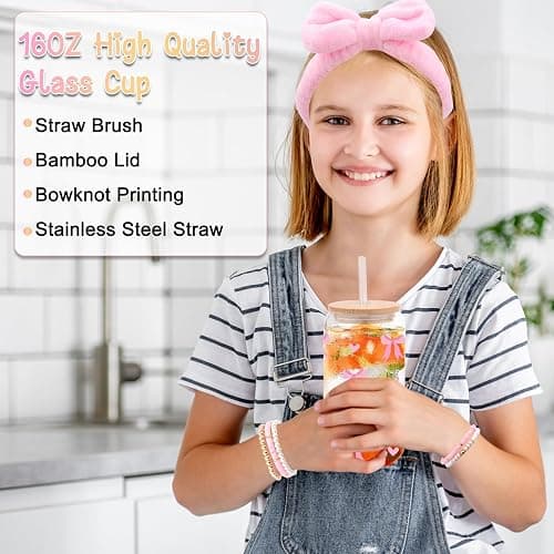 Geschenke für Mädchen Teenager 9 10 11 12 13 14 15 16 Jahre, Einschulung Geburtstag Geschenk Mädchen Glasbecher, Trinkglas mit Strohhalm und Deckel,Schminkpinsel Kosmetiktasche Armband Socken Haarband thumbnail 4