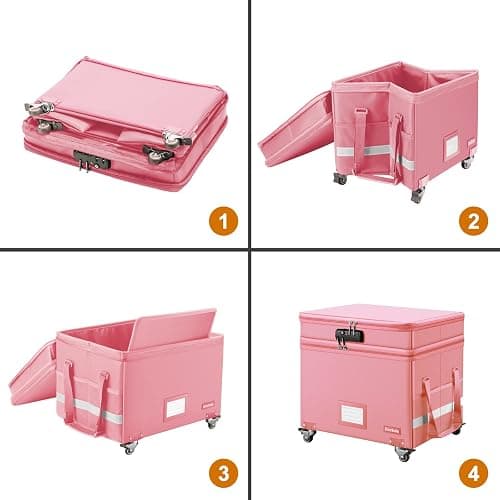 DocSafe File Box with Lock,2-Layer Fireproof Document Box with Wheels,Collapsible Rolling File Storage Organizer with Pockets,Large Portable Home Office Filing Cabinet Safe for Hanging Folders,Pink thumbnail 9