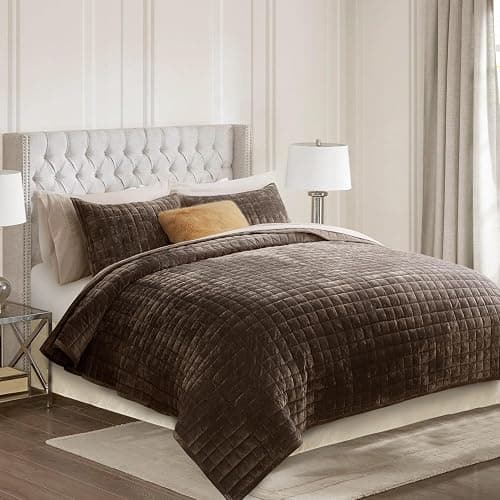 RECYCO Luxury Velvet Quilt Set King Size Bedding Sets, Ultra Soft Velvet Comforter Set, Lightweight Channel Box Stitch Oversized Bedspread Coverlet for All Season, with 2 Shams, Walnut Brown thumbnail 2