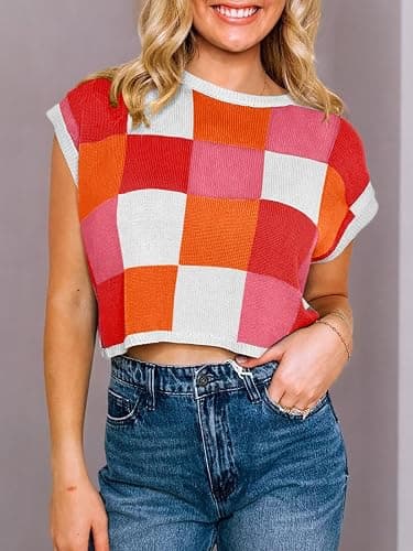 Saodimallsu Womens Cap Sleeve Crop Tops Summer Color Block Going Out Crew Neck Knit Trendy Casual Sweater thumbnail 5