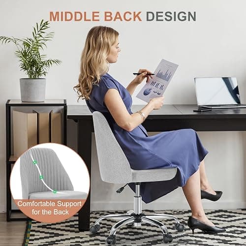 DUMOS Home Office Chair, Comfy Desk Chair with Rolling Wheels | Armless Height Adjustable, Wide Seating, Vanity Swivel Task, Bedroom Student Adults, Classic Grey thumbnail 3